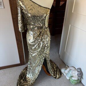 Mac Duggal One-Shoulder Gold Sequin Gown with Olive Undertones | Bell Sleeve